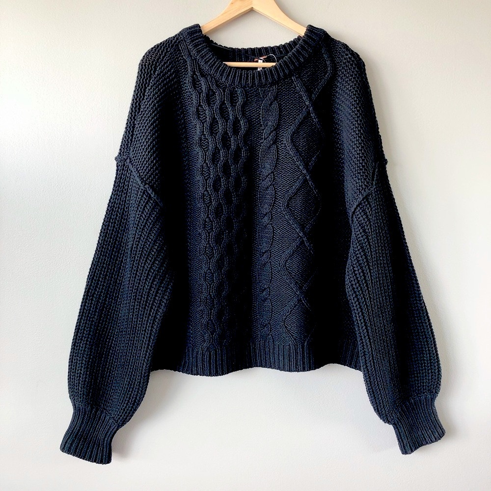 Free People sweater Women's Dream Cable Crew pullover sweater black cable knit - Picture 2 of 12